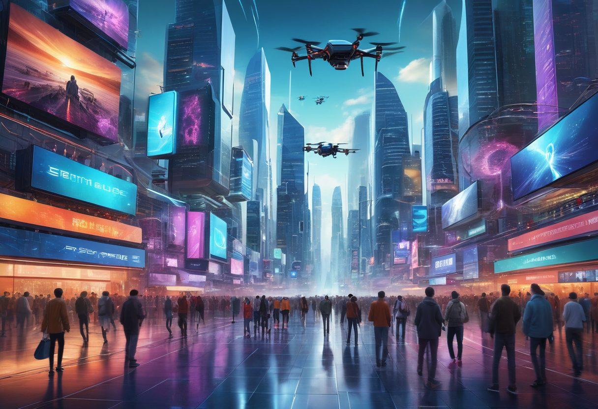 A vibrant digital landscape showcasing a futuristic city filled with diverse people engaging with technology, surrounded by holographic displays of tech trends and community interactions. Incorporate elements like drones, smart devices, and social media icons, all interconnected in a fluid motion to represent collaboration. Emphasize a bright color palette to evoke a sense of excitement and innovation. super-realistic. vibrant colors. 3D.