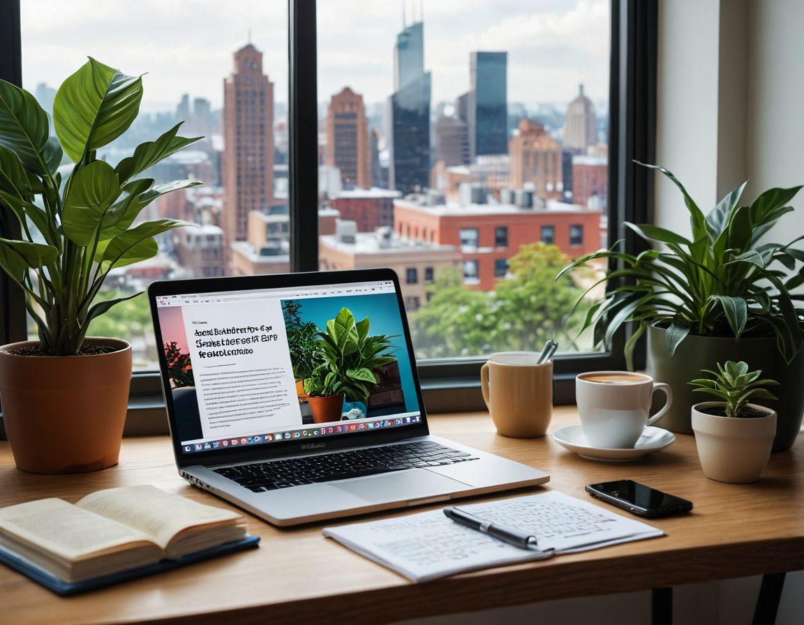 A modern digital workspace featuring a laptop open to a news website alongside a smartphone displaying a wellness app. A cozy, bright environment with houseplants, a coffee cup, and a notepad with health tips scribbled on it. In the background, a large window reveals a vibrant cityscape, symbolizing connectivity and awareness. The overall feel is warm and inviting, promoting a sense of balance between staying informed and self-care. super-realistic. vibrant colors.